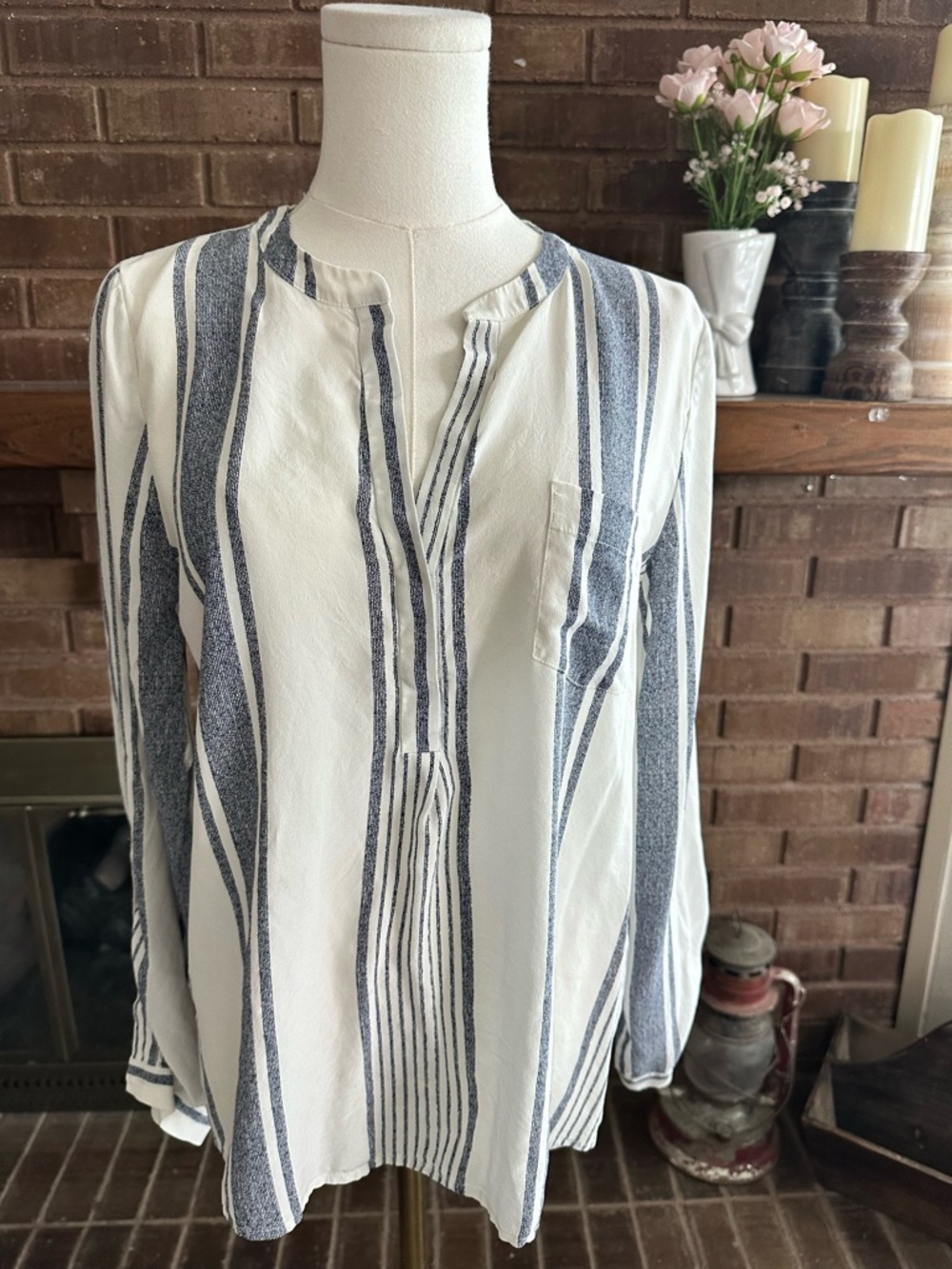 Joie White and Navy Vertical Stripe Tunic Shirt